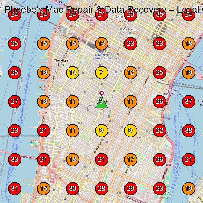 Phoebe's Mac Repair & Data Recovery GeoGrid visibility map for Computer Repair Service in New York